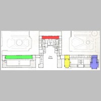 Plan of the main floor (c. 1837, with north to the right), showing the Hall of Mirrors in red, the Hall of Battles in green, the Royal Chapel in yellow, and the Royal Opera in blue (Wikipedia).jpg